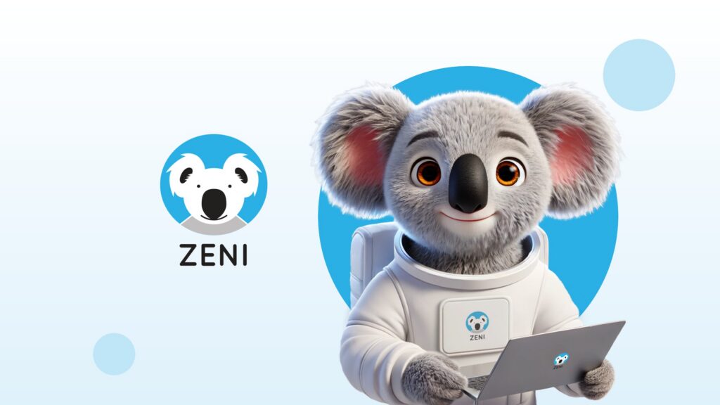 Maskot Zeni, koala ve skafandru s notebookem, vedle loga Zeni